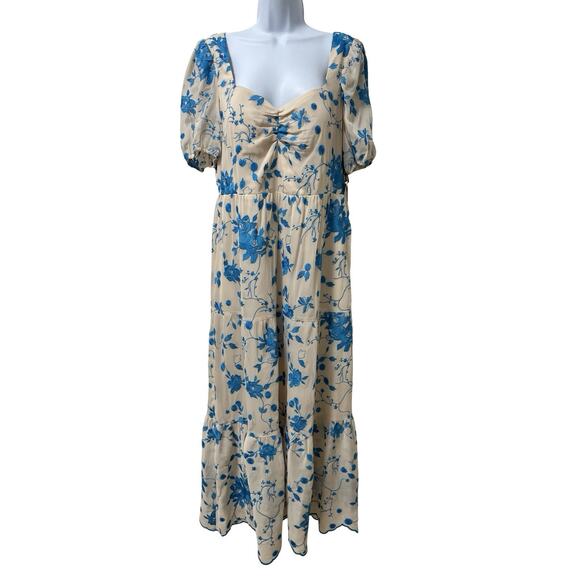Kensie Embroidered Floral Chiffon Tiered Midi Dress Size 12 Beige Blue Event NWT - Picture 1 of 9
